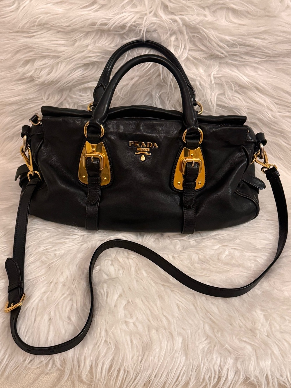 Prada classic Black Leather Satchel with Gold Hardware Accents